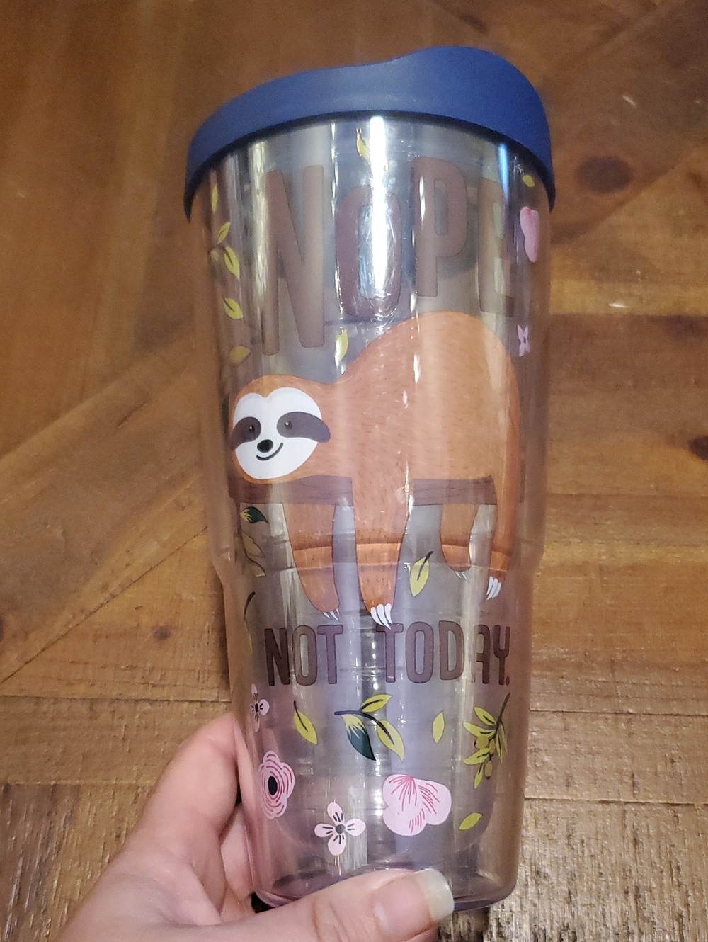 tervis Sloth Travel Tumbler with Blue Lid and Floral Accents